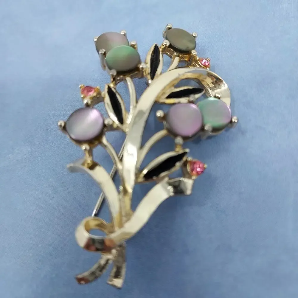 Vintage Moonglow and Pink Rhinetone Brooch Gold Tone Floral Bouquet 2.5